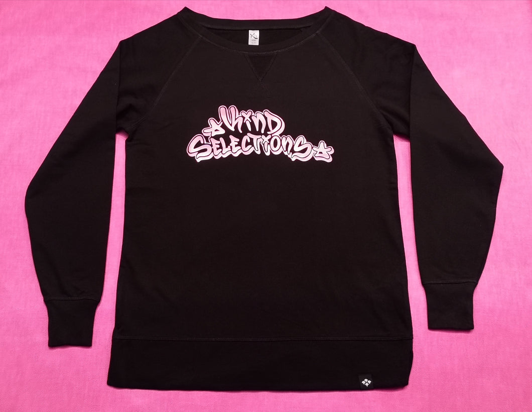 Ladies Open Crew Fleece Sweatshirt Black - Kind Selections Holographic Rose Gold Logo