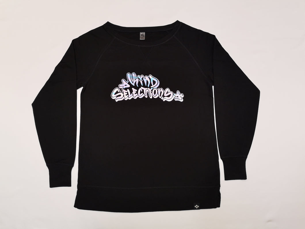 Ladies Open Crew Fleece Sweatshirt Black - Kind Selections Holographic Silver Logo